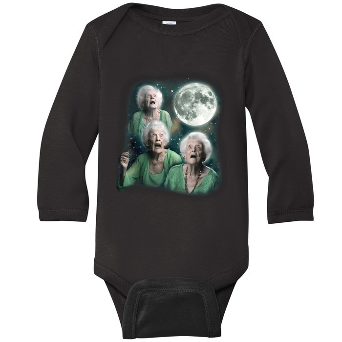 Three Granny Moon 3 Old Ladys Howling Weird Cursed Meme Baby Long Sleeve Bodysuit