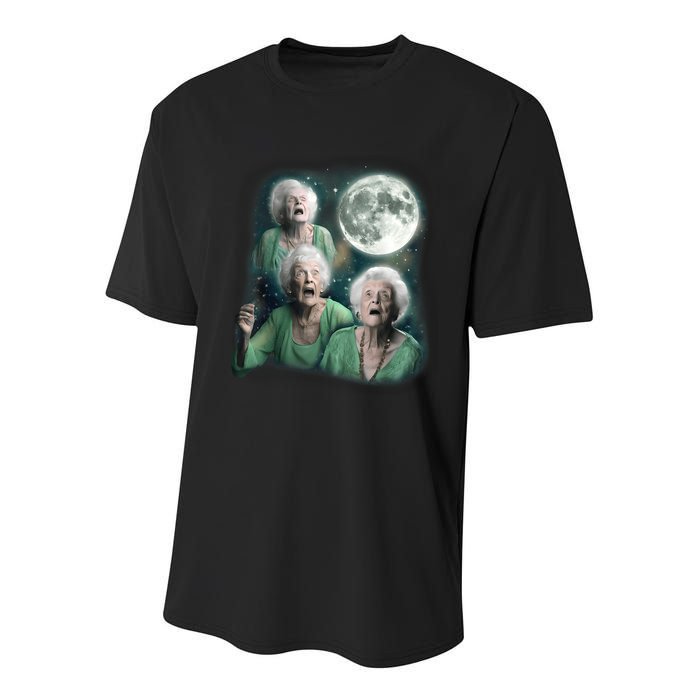 Three Granny Moon 3 Old Ladys Howling Weird Cursed Meme Youth Performance Sprint T-Shirt