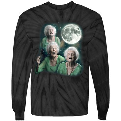 Three Granny Moon 3 Old Ladys Howling Weird Cursed Meme Tie-Dye Long Sleeve Shirt