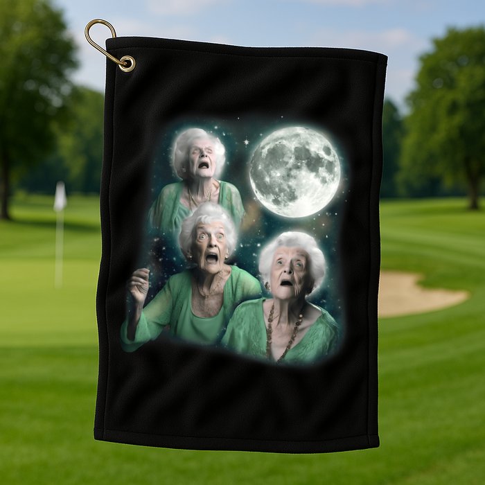 Three Granny Moon 3 Old Ladys Howling Weird Cursed Meme Golf Towel