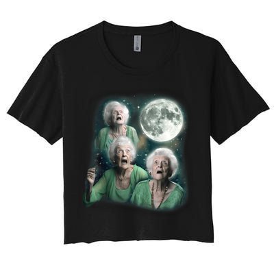 Three Granny Moon 3 Old Ladys Howling Weird Cursed Meme Crop Top
