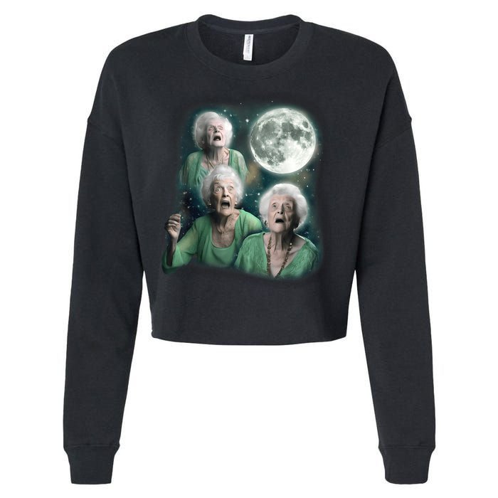 Three Granny Moon 3 Old Ladys Howling Weird Cursed Meme Cropped Pullover Crew