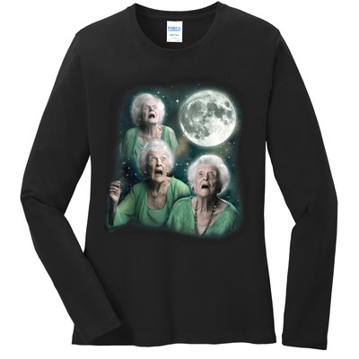 Three Granny Moon 3 Old Ladys Howling Weird Cursed Meme Ladies Long Sleeve Shirt