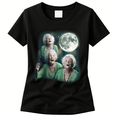 Three Granny Moon 3 Old Ladys Howling Weird Cursed Meme Womens T-Shirt