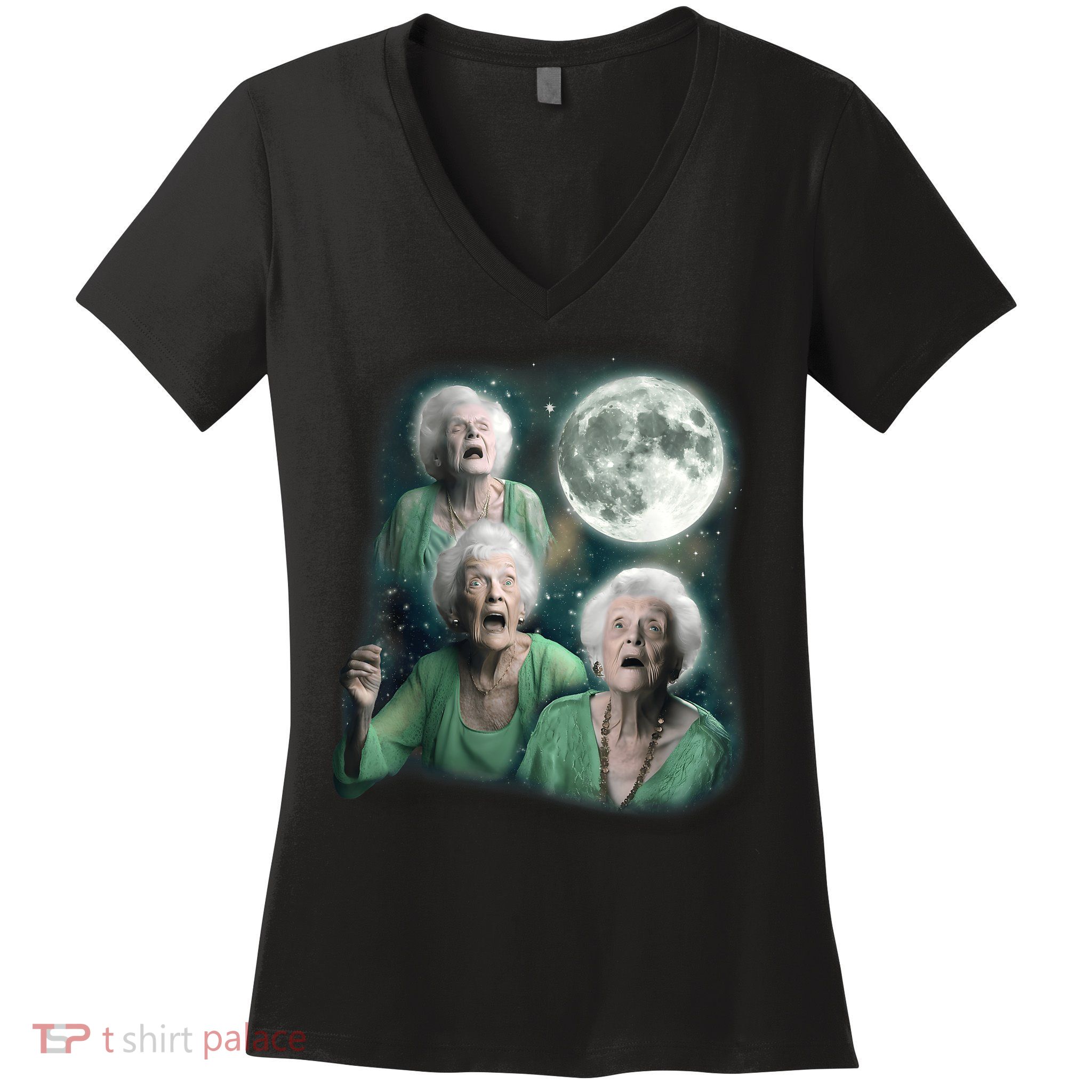 Three Granny Moon 3 Old Ladys Howling Weird Cursed Meme Women's V-Neck T-Shirt