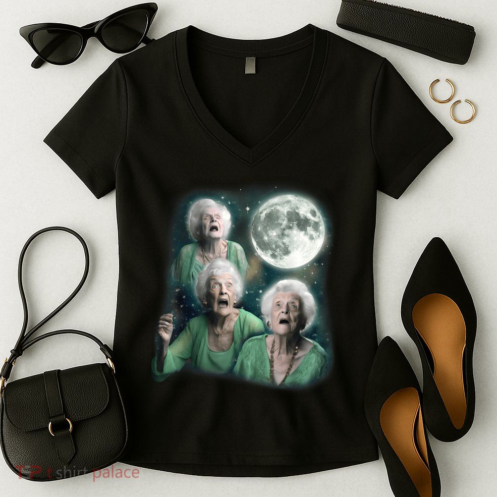 Three Granny Moon 3 Old Ladys Howling Weird Cursed Meme Women's V-Neck T-Shirt