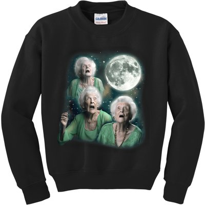 Three Granny Moon 3 Old Ladys Howling Weird Cursed Meme Kids Sweatshirt