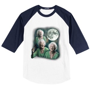 Three Granny Moon 3 Old Ladys Howling Weird Cursed Meme Baseball Sleeve Shirt