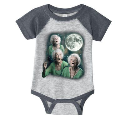 Three Granny Moon 3 Old Ladys Howling Weird Cursed Meme Infant Baby Jersey Bodysuit
