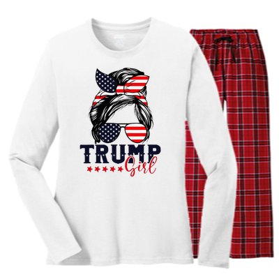 Trump Girl Messy Bun 2024 Election Women's Long Sleeve Flannel Pajama Set 