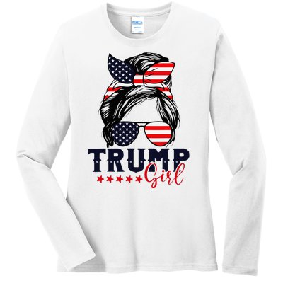 Trump Girl Messy Bun 2024 Election Ladies Long Sleeve Shirt