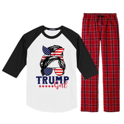 Trump Girl Messy Bun Trump 2024 Election American Flag Raglan Sleeve Pajama Set