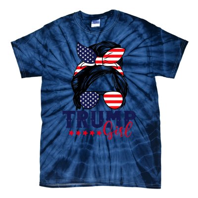 Trump Girl Messy Bun Trump 2024 Election American Flag Tie-Dye T-Shirt