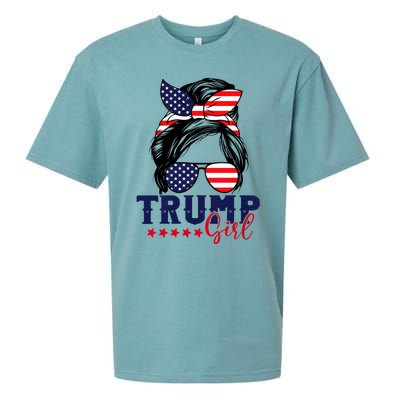 Trump Girl Messy Bun Trump 2024 Election American Flag Sueded Cloud Jersey T-Shirt