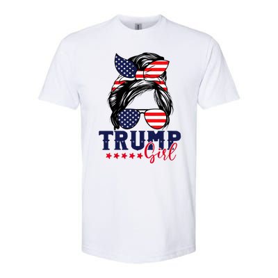 Trump Girl Messy Bun Trump 2024 Election American Flag Softstyle CVC T-Shirt