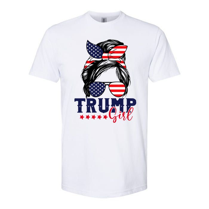 Trump Girl Messy Bun Trump 2024 Election American Flag Softstyle CVC T-Shirt