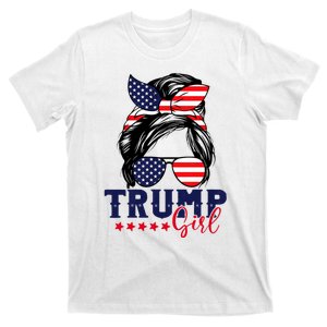 Trump Girl Messy Bun Trump 2024 Election American Flag T-Shirt