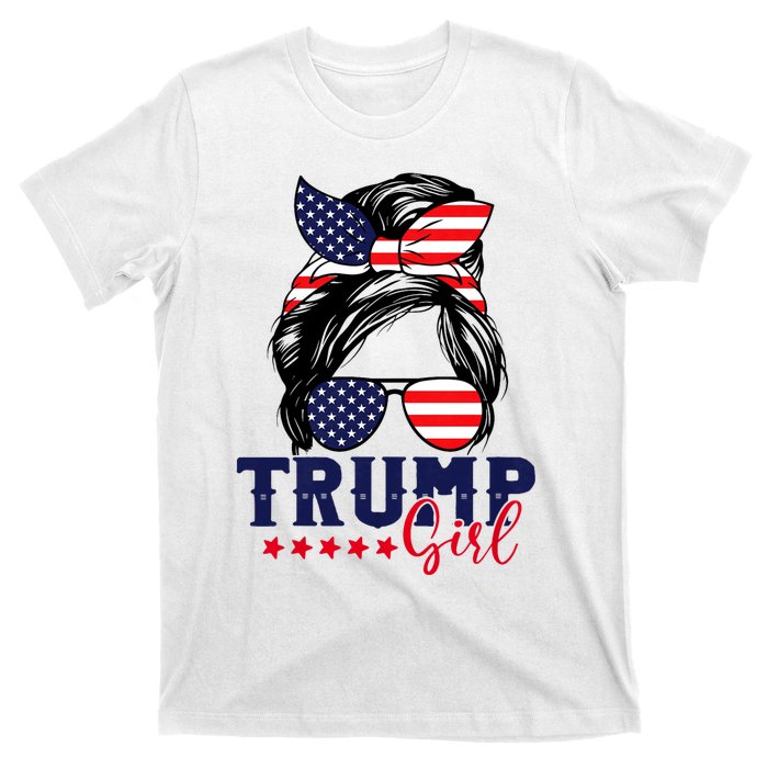 Trump Girl Messy Bun Trump 2024 Election American Flag T-Shirt