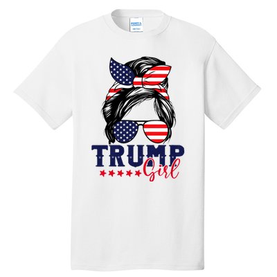 Trump Girl Messy Bun Trump 2024 Election American Flag Tall T-Shirt