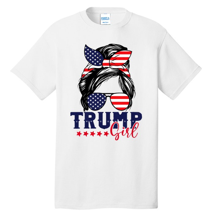 Trump Girl Messy Bun Trump 2024 Election American Flag Tall T-Shirt