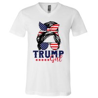 Trump Girl Messy Bun Trump 2024 Election American Flag V-Neck T-Shirt