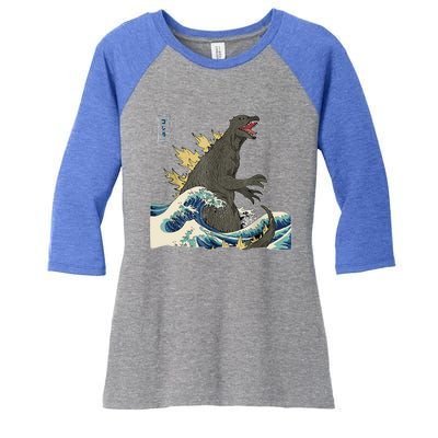 THE GREAT MONSTER OFF KANAGAWA TeamGodzilla Wave Poster Women's Tri-Blend 3/4-Sleeve Raglan Shirt