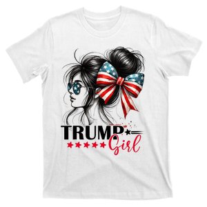 Trump Girl Messy Bun Sunglasses Trump 2024 Usa Flag T-Shirt