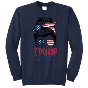 Trump Girl Messy Bun Trump 2024 Election American Flag Funny Hoodie Tall Sweatshirt