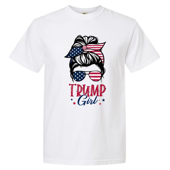 Trump Girl Messy Bun Trump 2024 Election American Flag Funny Hoodie Garment-Dyed Heavyweight T-Shirt