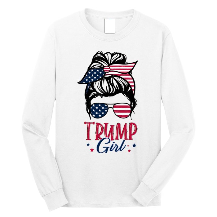 Trump Girl Messy Bun Trump 2024 Election American Flag Funny Hoodie Long Sleeve Shirt