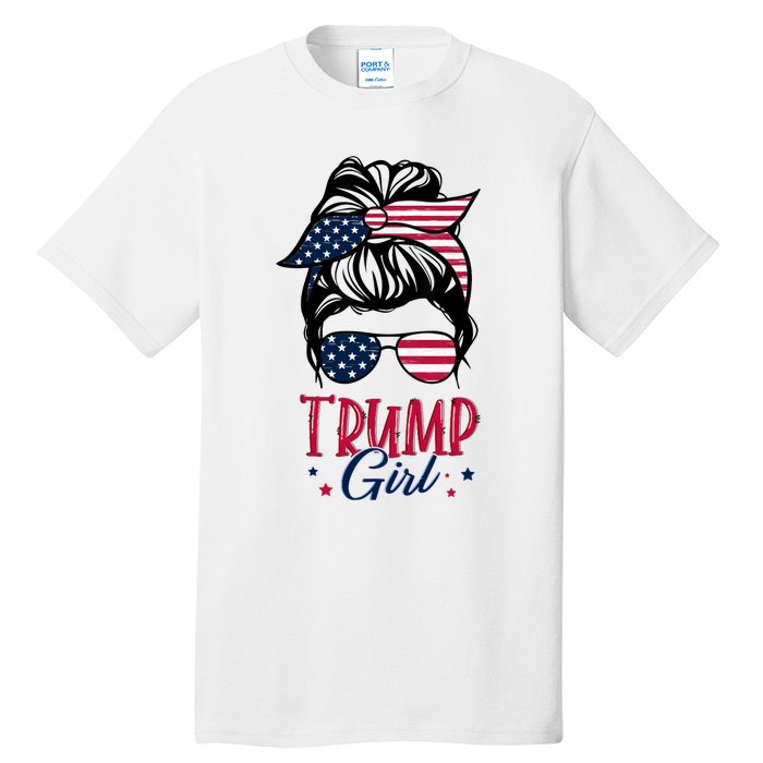 Trump Girl Messy Bun Trump 2024 Election American Flag Funny Hoodie Tall T-Shirt