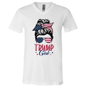 Trump Girl Messy Bun Trump 2024 Election American Flag Funny Hoodie V-Neck T-Shirt