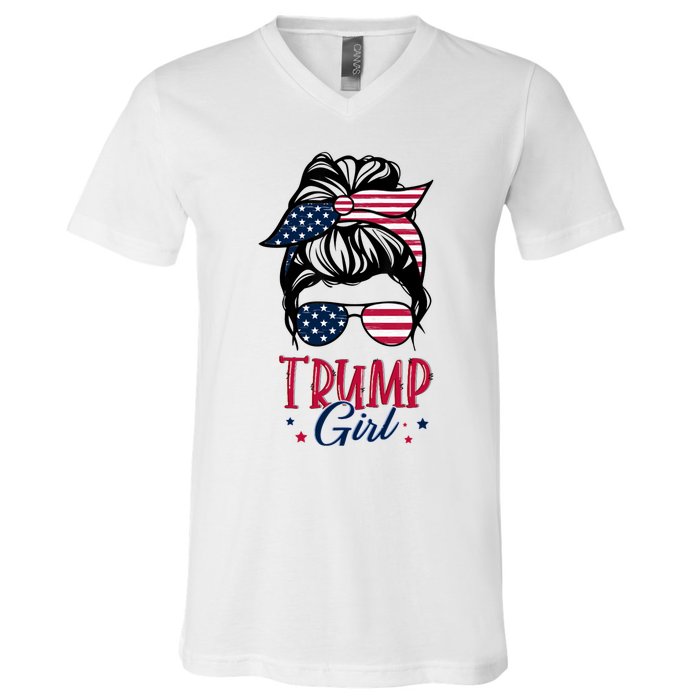 Trump Girl Messy Bun Trump 2024 Election American Flag Funny Hoodie V-Neck T-Shirt