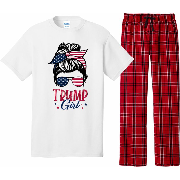 Trump Girl Messy Bun Trump 2024 Election American Flag Funny Hoodie Pajama Set