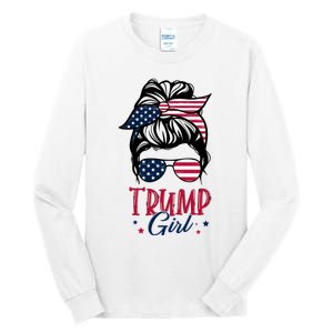 Trump Girl Messy Bun Trump 2024 Election American Flag Funny Hoodie Tall Long Sleeve T-Shirt