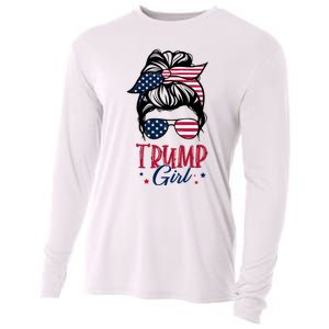 Trump Girl Messy Bun Trump 2024 Election American Flag Funny Hoodie Cooling Performance Long Sleeve Crew