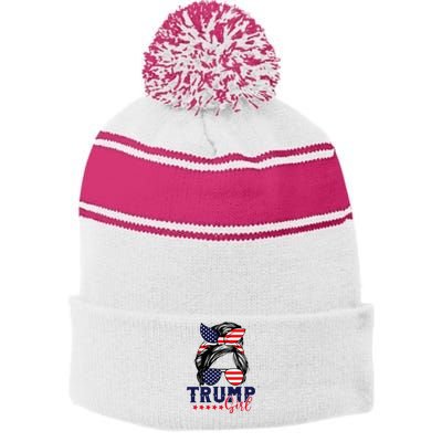 Trump Girl Messy Bun Trump 2024 Election American Flag Stripe Pom Pom Beanie