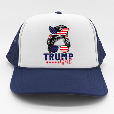 Trump Girl Messy Bun Trump 2024 Election American Flag Trucker Hat