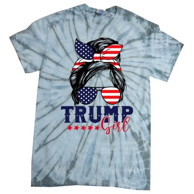 Trump Girl Messy Bun Trump 2024 Election American Flag Tie-Dye T-Shirt