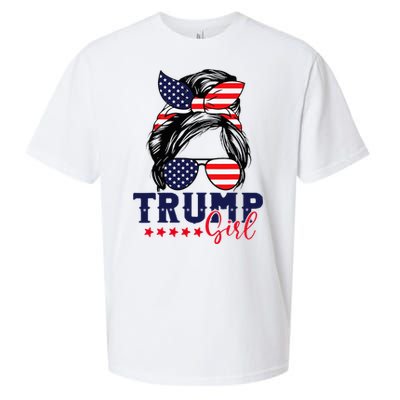 Trump Girl Messy Bun Trump 2024 Election American Flag Sueded Cloud Jersey T-Shirt