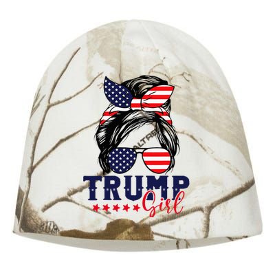 Trump Girl Messy Bun Trump 2024 Election American Flag Kati - Camo Knit Beanie