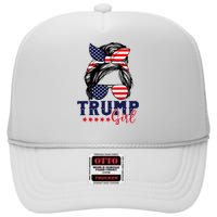 Trump Girl Messy Bun Trump 2024 Election American Flag High Crown Mesh Back Trucker Hat