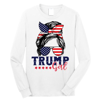 Trump Girl Messy Bun Trump 2024 Election American Flag Long Sleeve Shirt