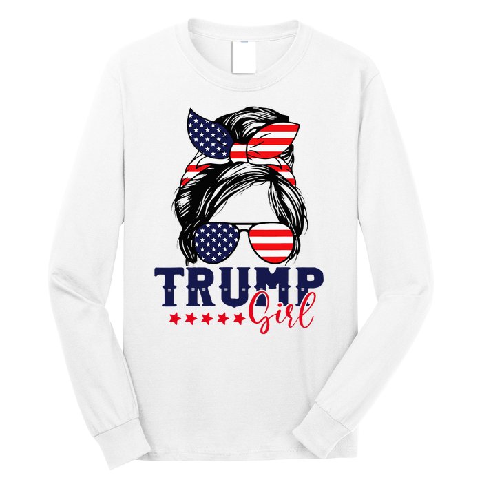 Trump Girl Messy Bun Trump 2024 Election American Flag Long Sleeve Shirt