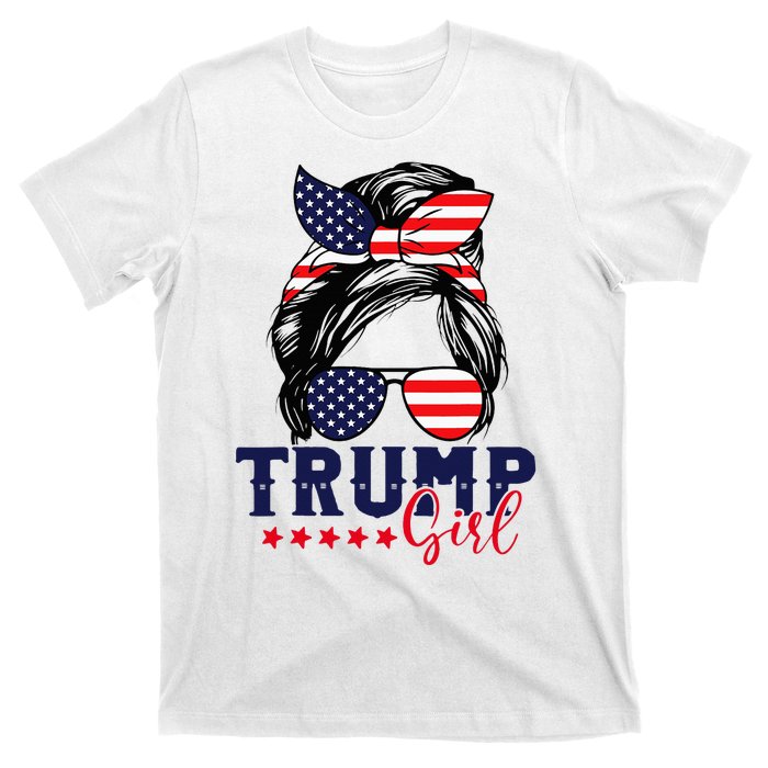 Trump Girl Messy Bun Trump 2024 Election American Flag T-Shirt