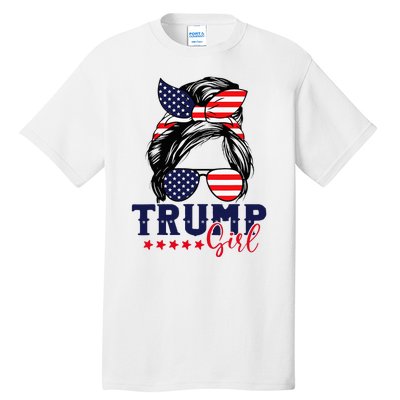 Trump Girl Messy Bun Trump 2024 Election American Flag Tall T-Shirt