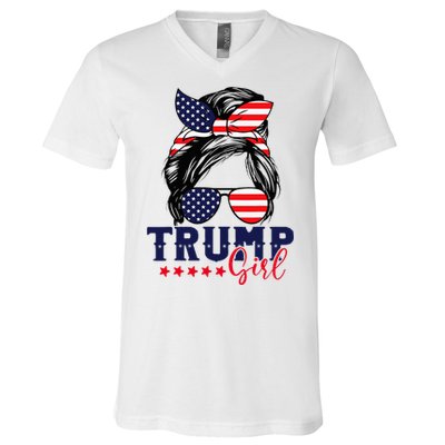 Trump Girl Messy Bun Trump 2024 Election American Flag V-Neck T-Shirt