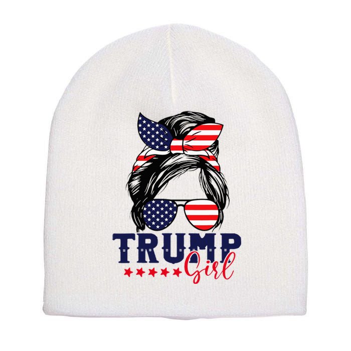 Trump Girl Messy Bun Trump 2024 Election American Flag Short Acrylic Beanie