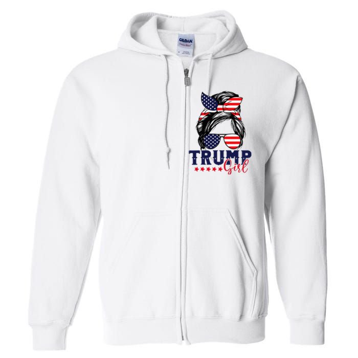 Trump Girl Messy Bun Trump 2024 Election American Flag Full Zip Hoodie