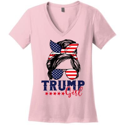 Trump Girl Messy Bun Trump 2024 Election American Flag Women's V-Neck T-Shirt